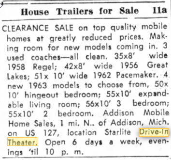 Starlite Drive-In Theatre - House Trailers For Sale At The Drive-In Sept 21 1963